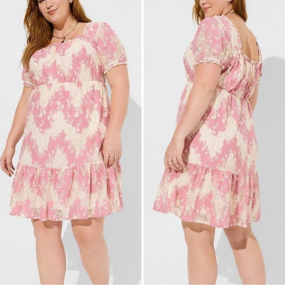 Torrid mini two tone lace tiered babydoll dress pink cream 2X 18-20 coquette